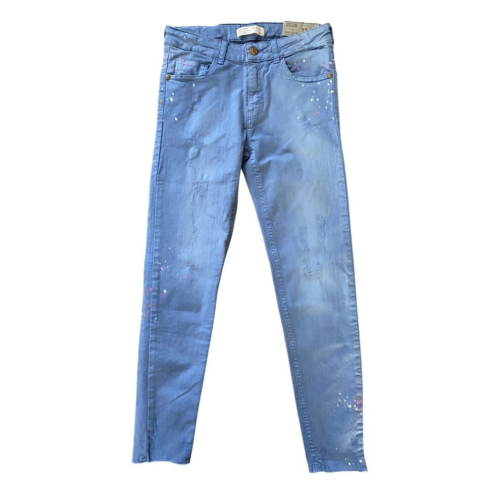ZARA Girls Collection Slim Paint Splatter Raw Hem Jeans NEW WITH TAGS